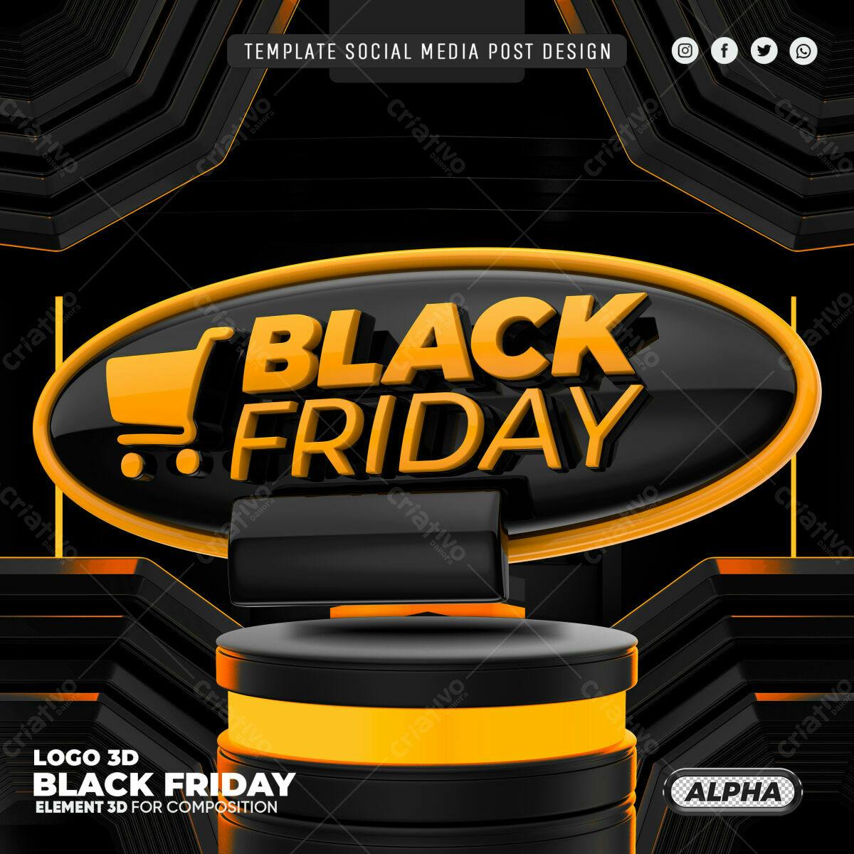 Selo 3D Black Friday oval preto e laranja