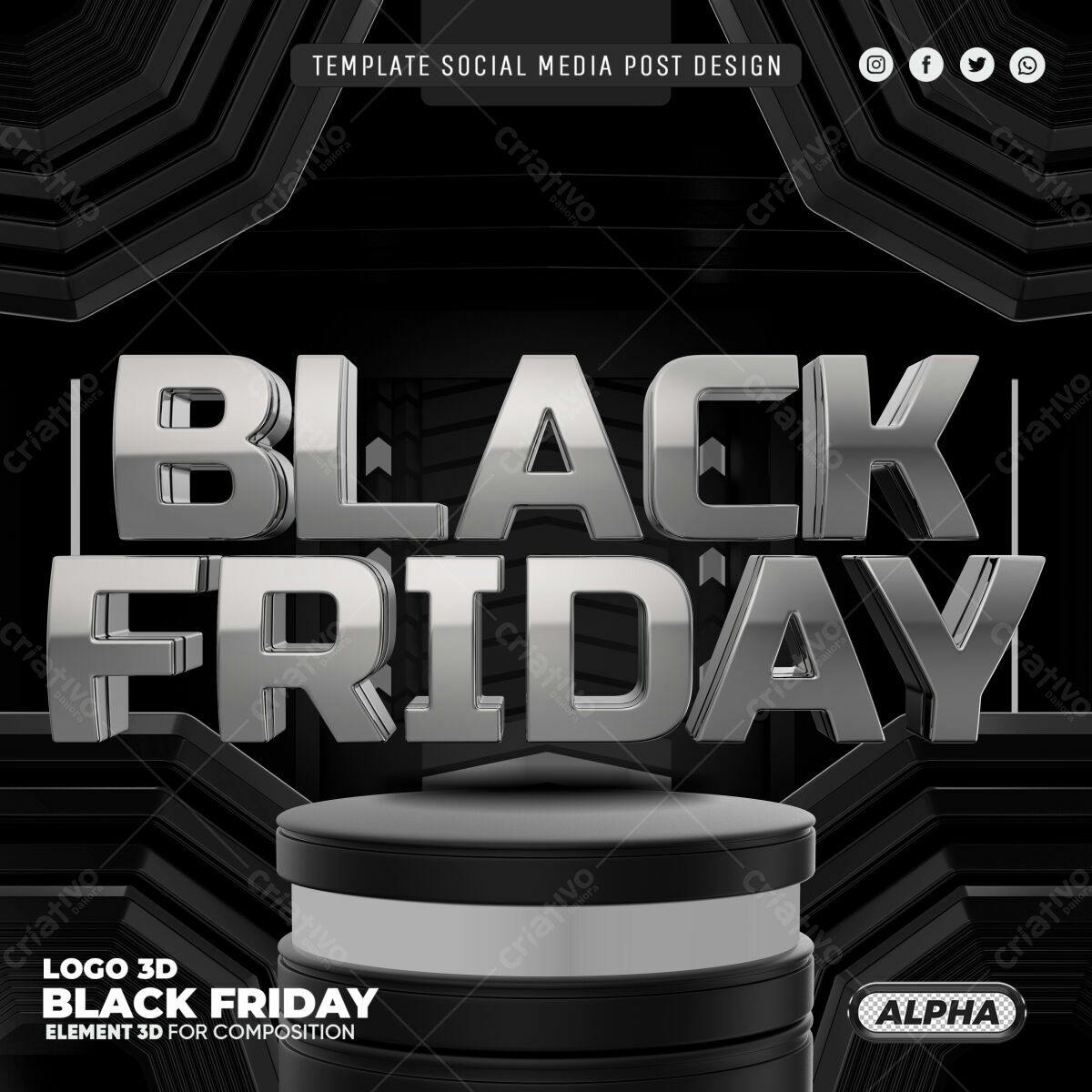Selo 3D Black Friday metálico prata e preto
