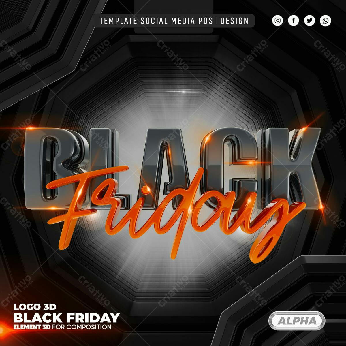 Selo 3D Black Friday Preto e Laranja Brilhante