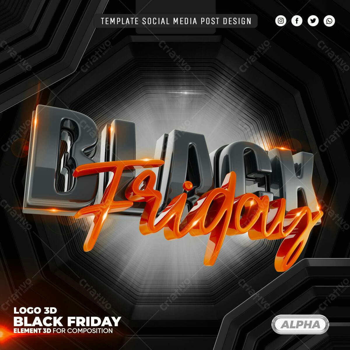 Selo 3D Black Friday metálico preto e laranja