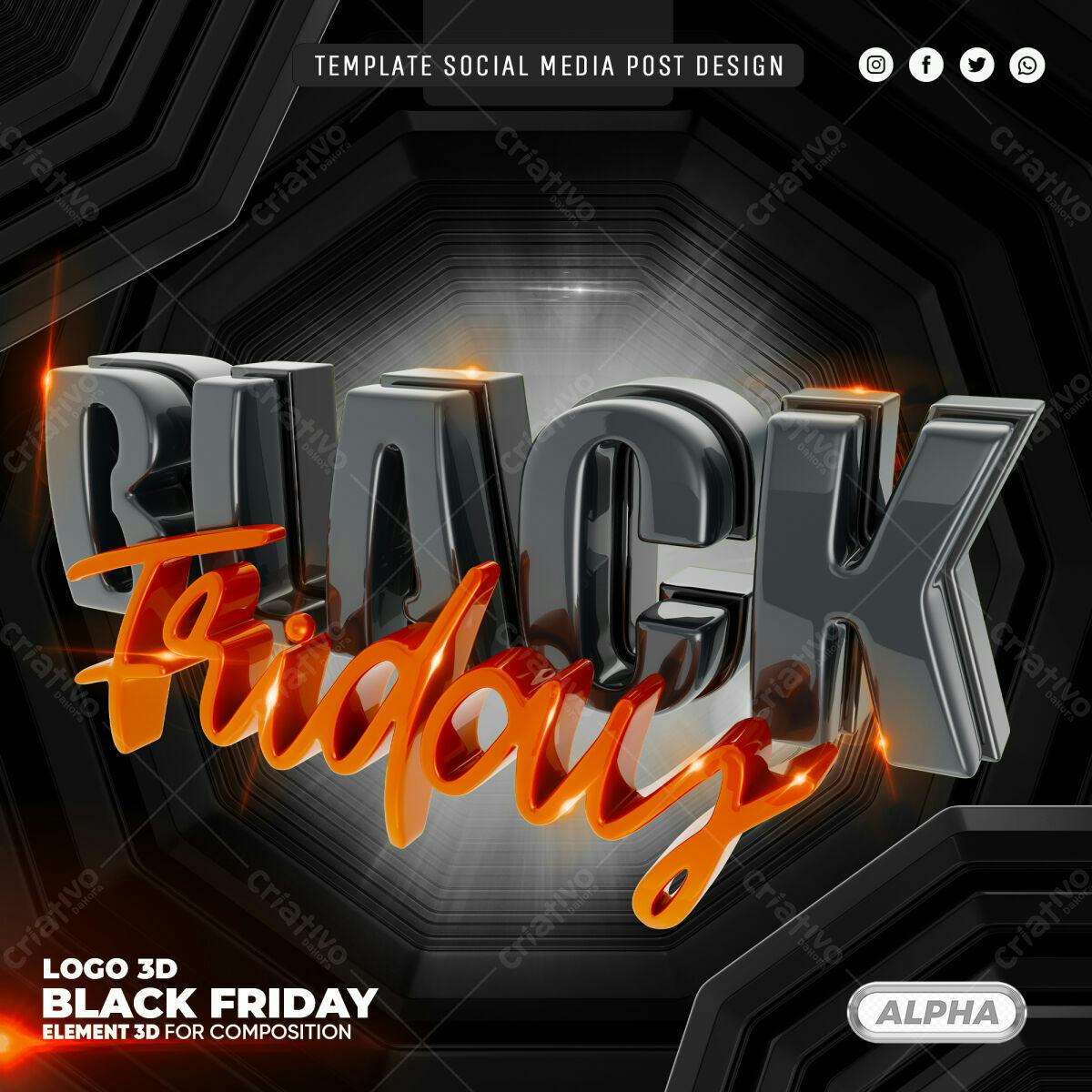 Selo 3D Black Friday metálico preto e laranja