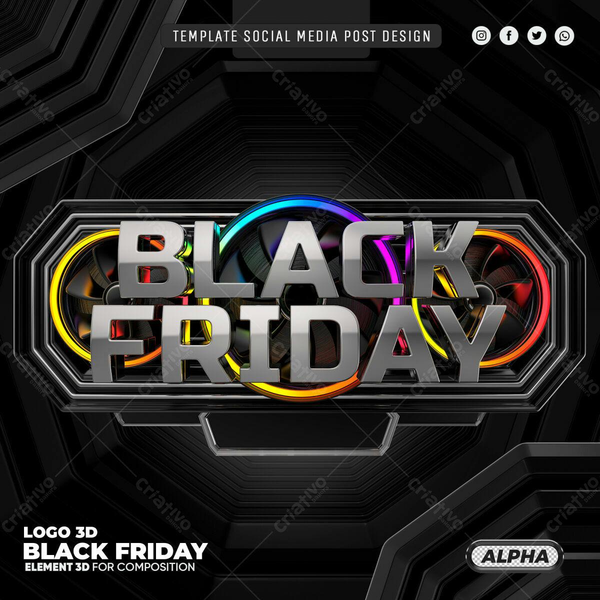 Selo 3D Black Friday metálico arco-íris