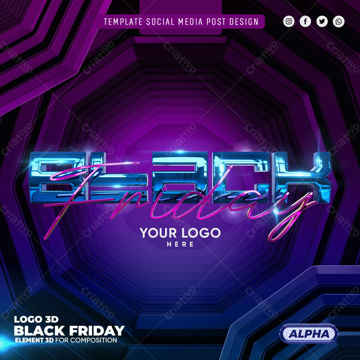 Selo 3D Black Friday metálico azul e rosa