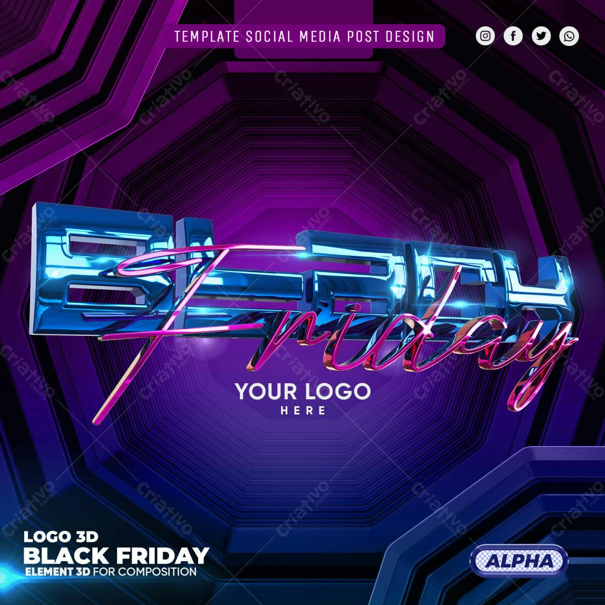 Selo 3D Black Friday metálico azul e rosa