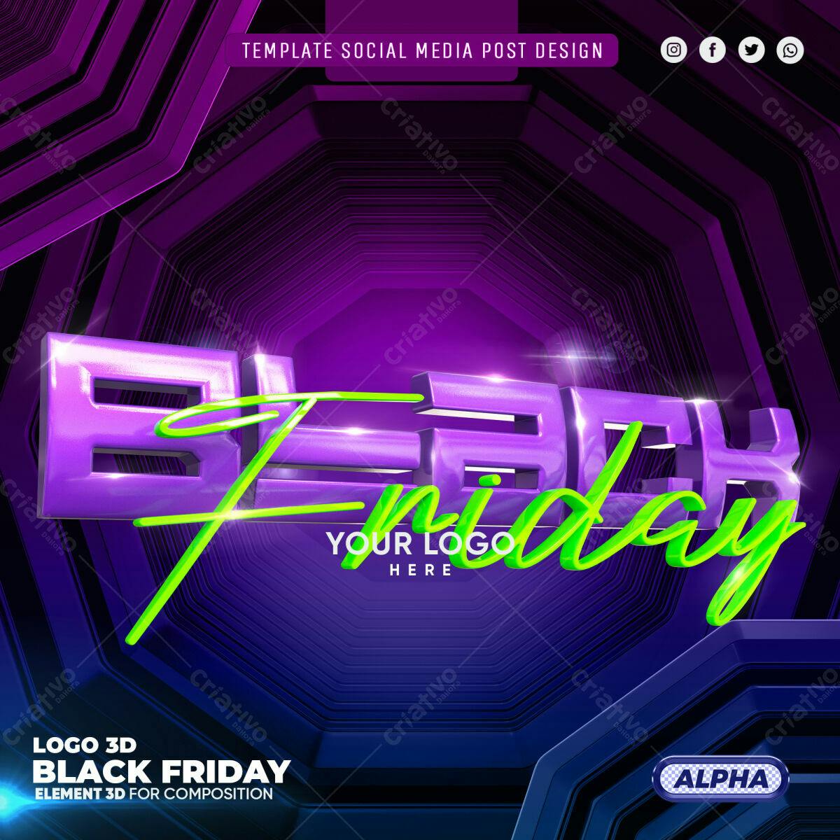 Selo 3D Black Friday roxo e verde