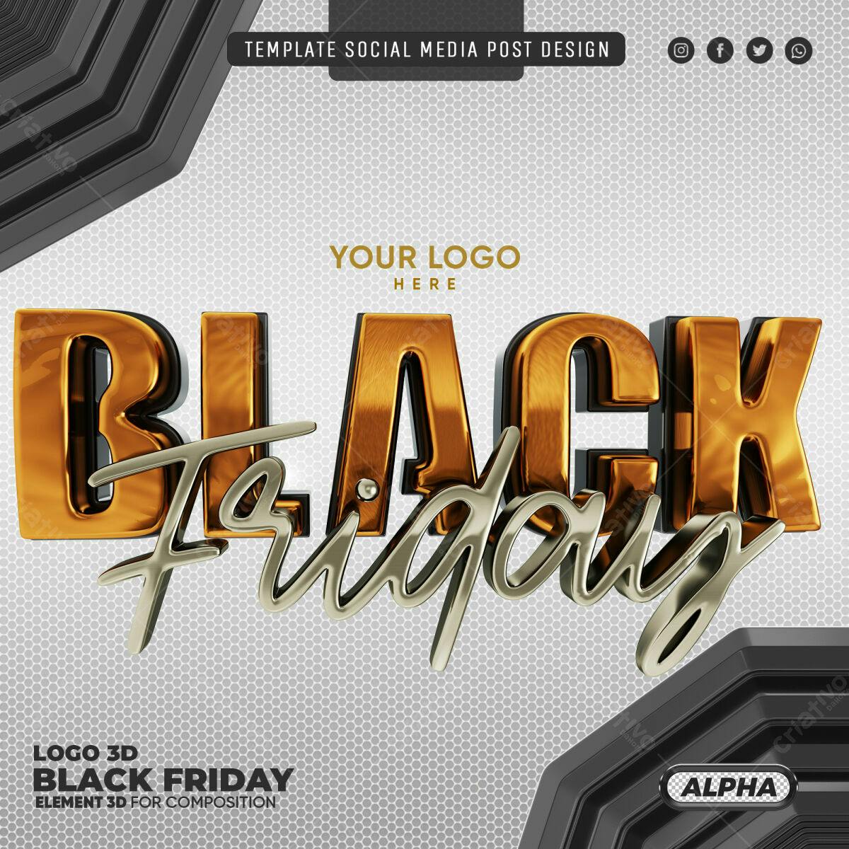 Selo 3D Black Friday dourado e prata metalizado