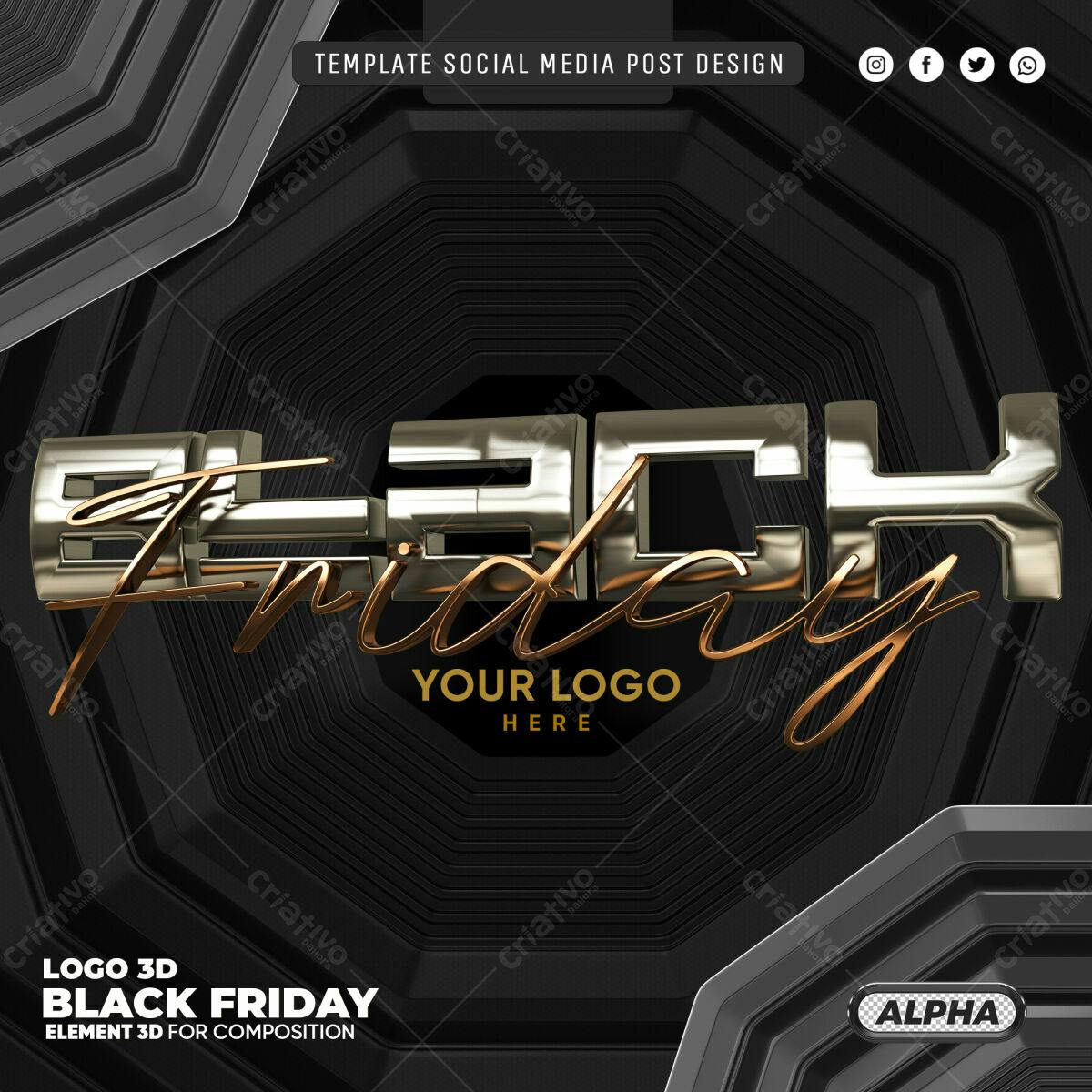 Selo 3D Black Friday metálico dourado e prata