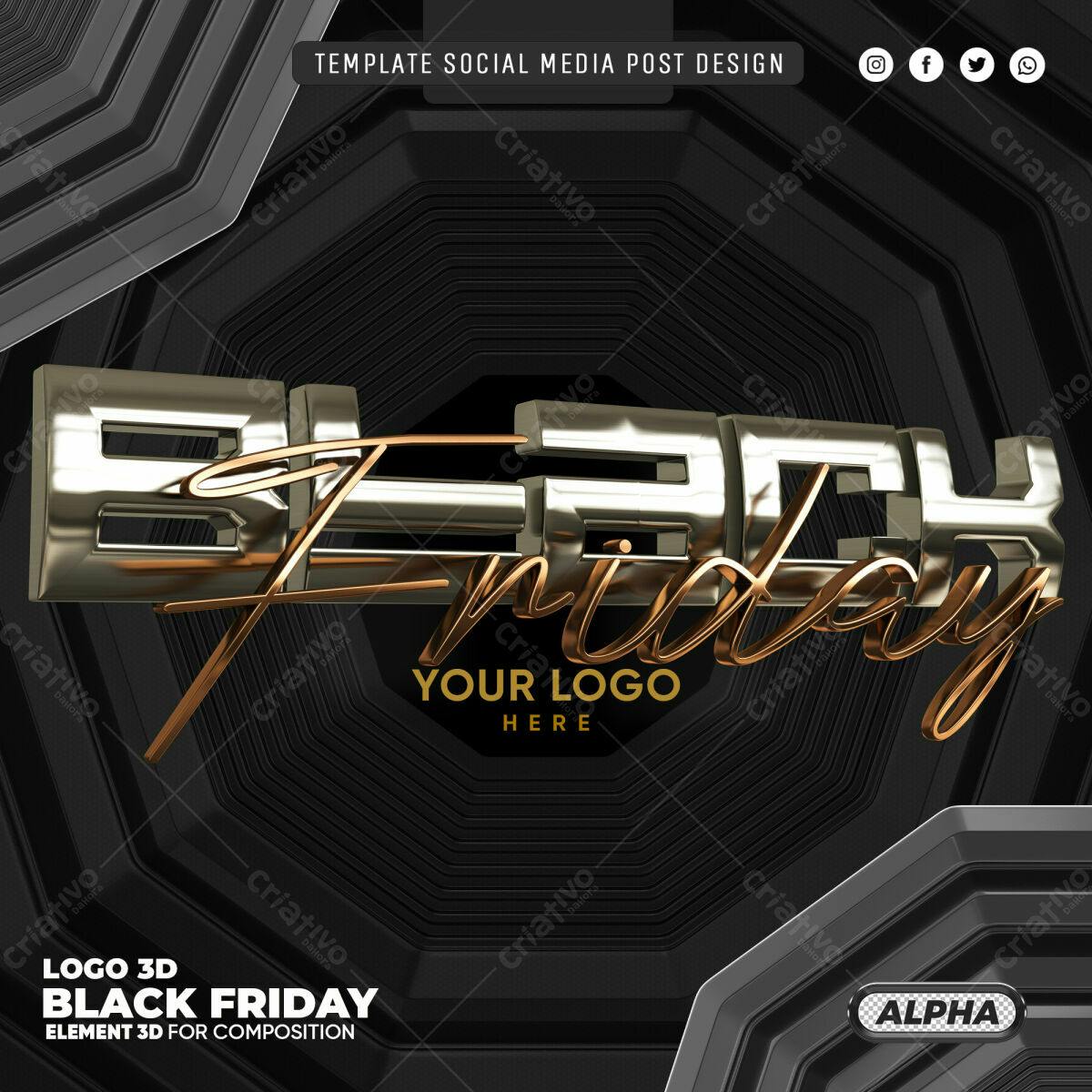 Selo 3D Black Friday metálico dourado e prata