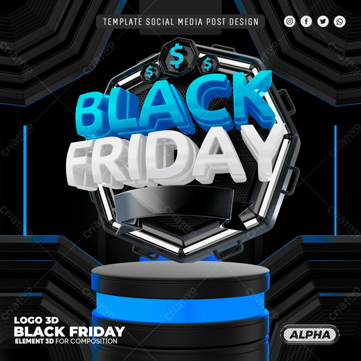 Selo 3D Black Friday Hexagonal Azul e Branco