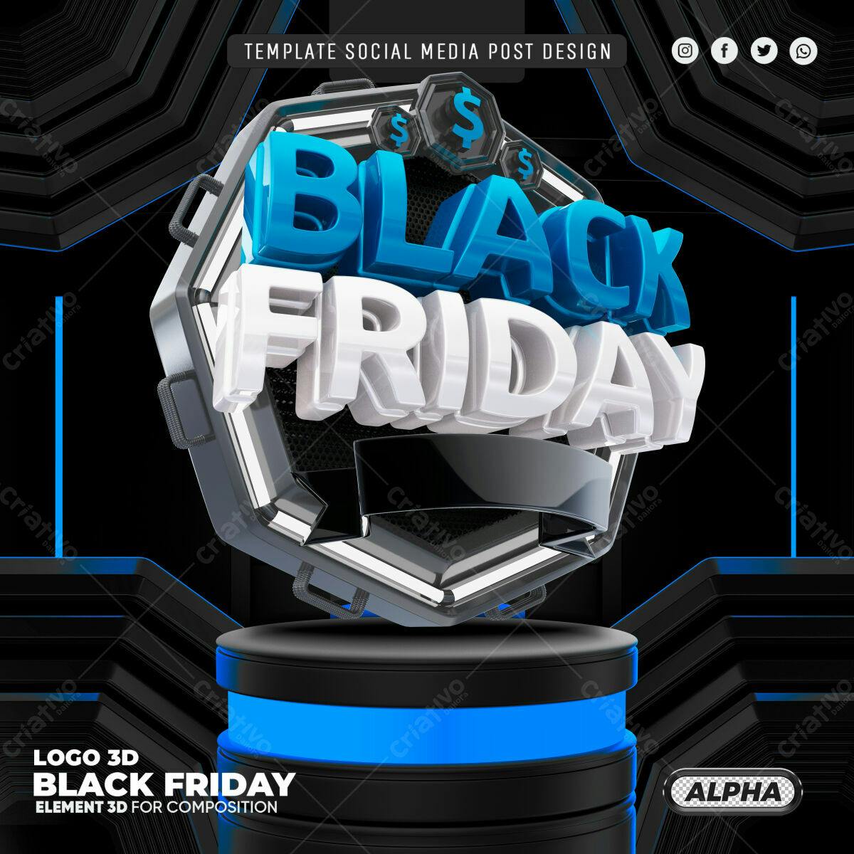 Selo 3D Black Friday Hexagonal Azul e Prata