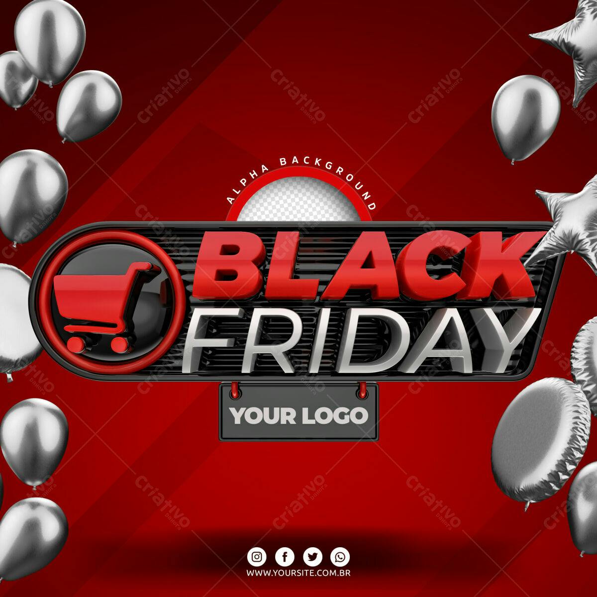 Selo 3D Black Friday vermelho e prata metálico