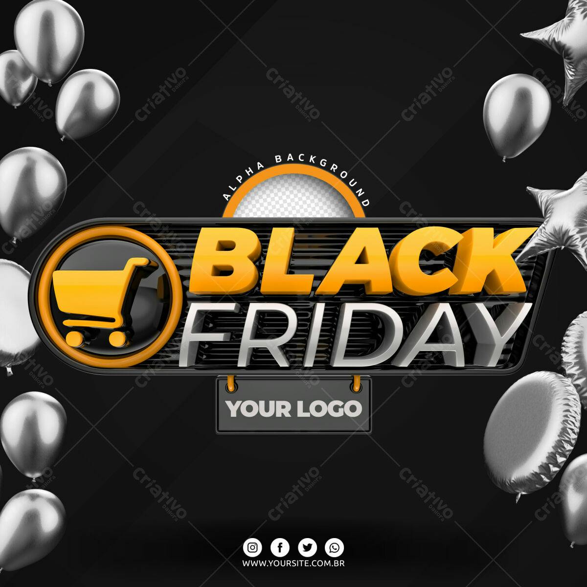 Selo 3D promocional Black Friday preto e dourado