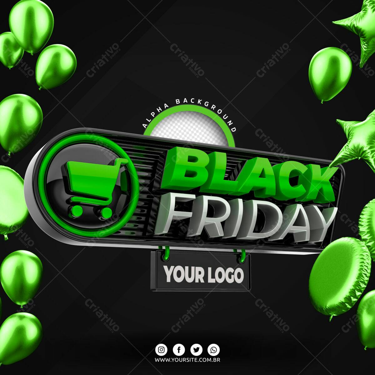 Selo 3D Black Friday verde e preto brilhante
