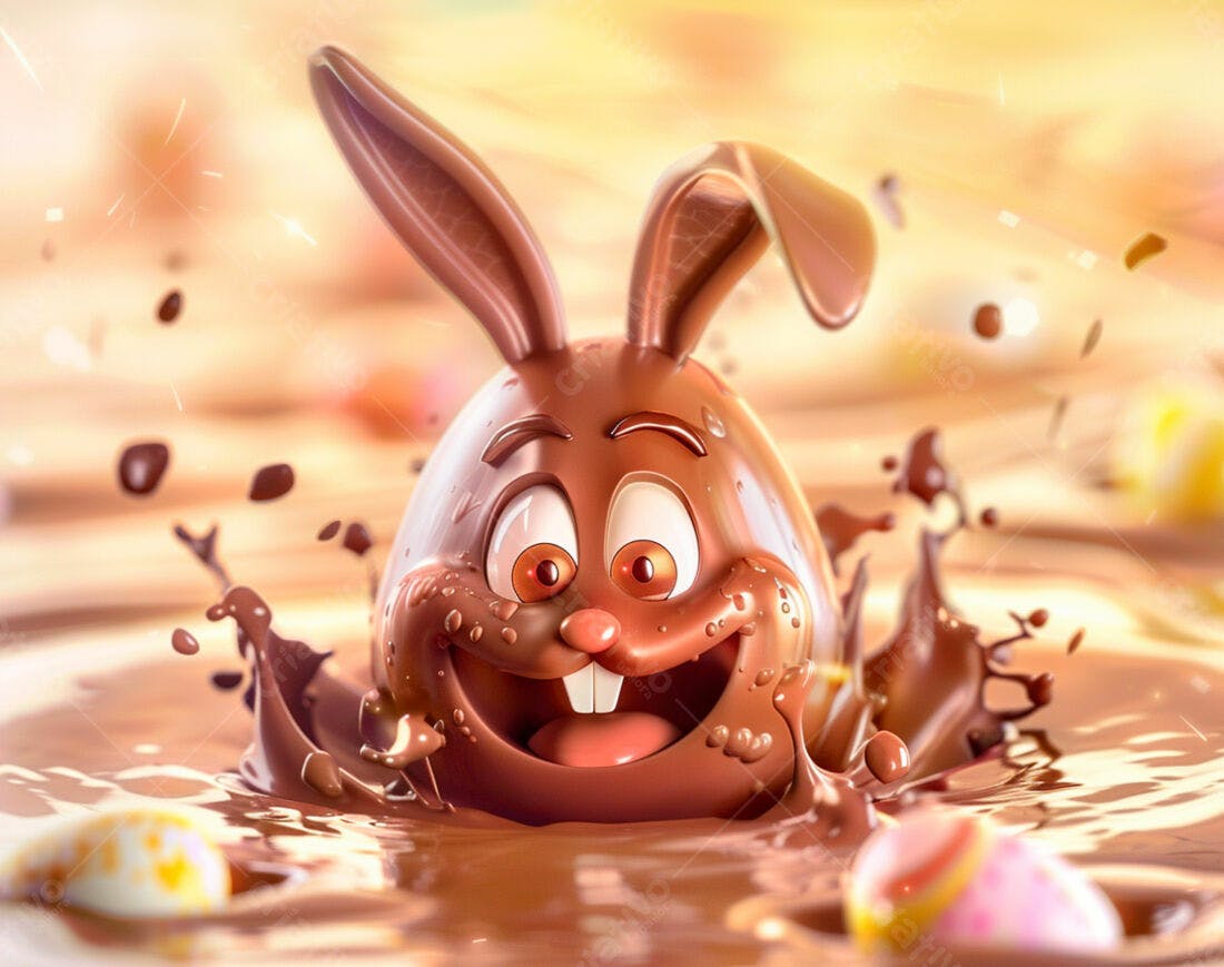Coelho de chocolate na Páscoa mergulhando em chocolate