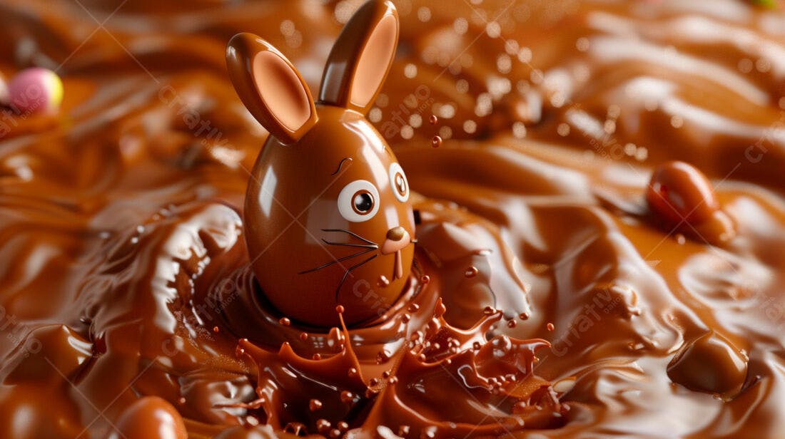 Coelho de chocolate na Páscoa em chocolate derretido