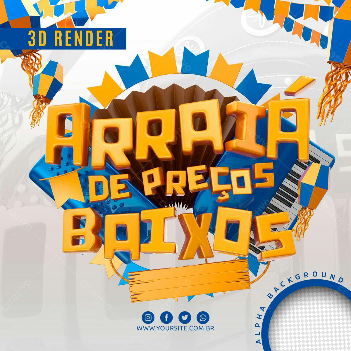 Selo 3D promocional amarelo e azul brilhante