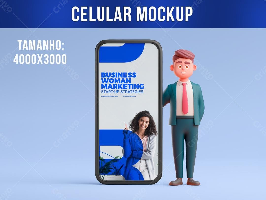 Mockup Celular 3D com Empresário e Mulher de Negócios