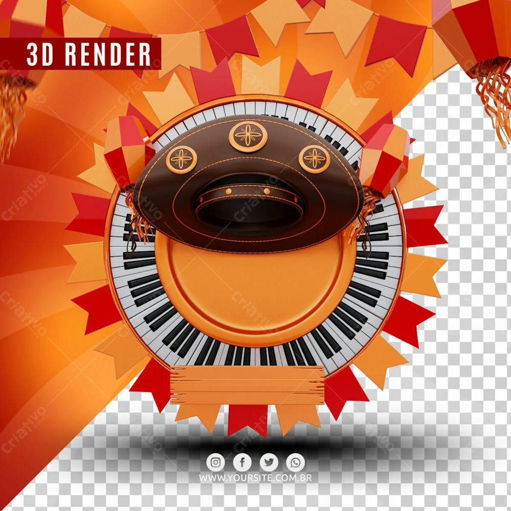 Piano E Chapeu De Festa Junina Sao Joao Elemento 3D Para Composicao Psd
