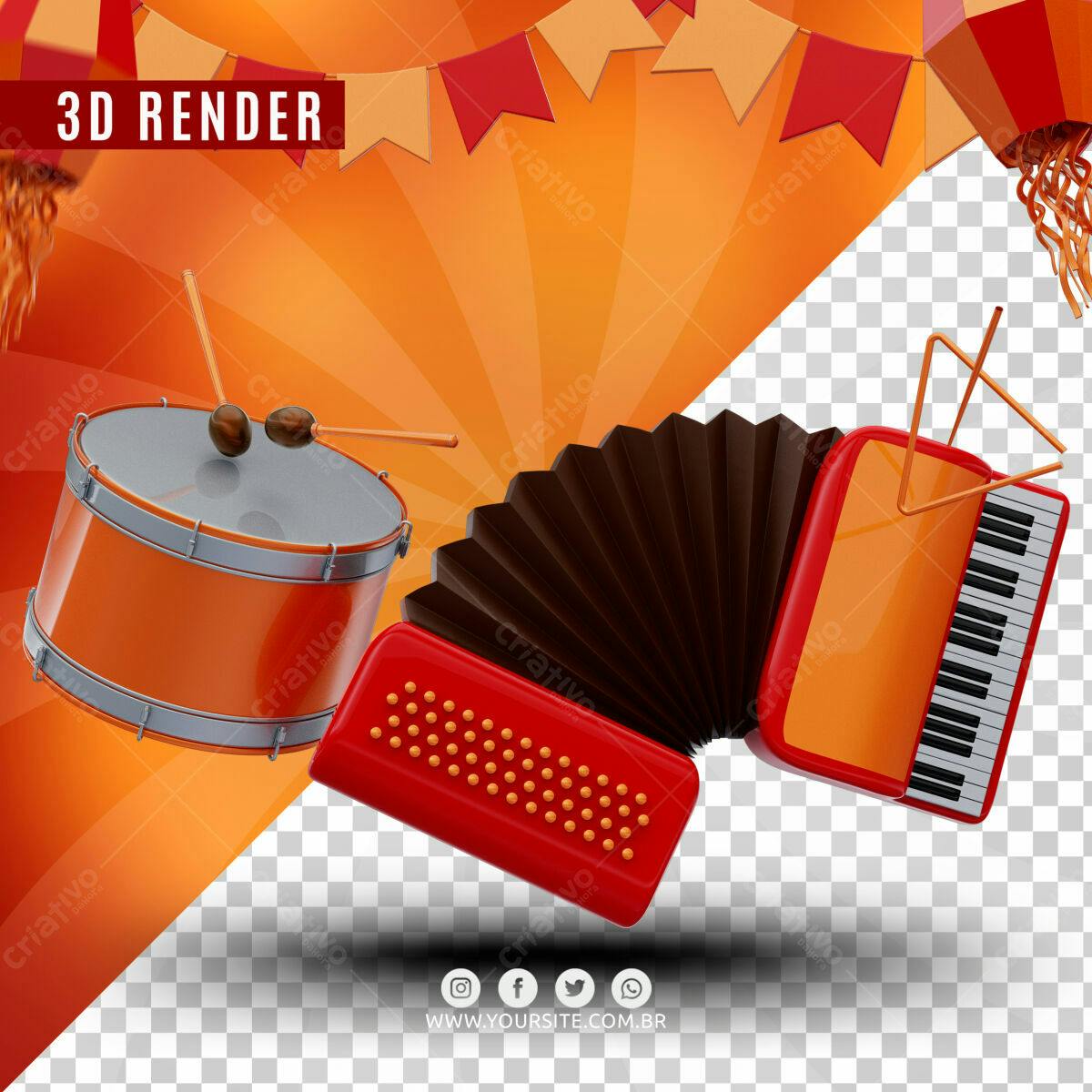 Selo 3D Festa Junina Vermelho e Laranja