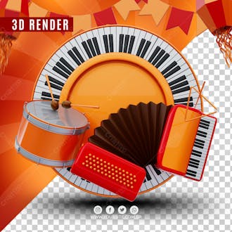 Instrumentos de sao joao piano tambor acordeao elemento 3d para composicao psd