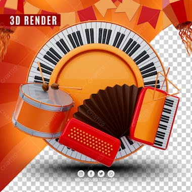 Instrumentos de sao joao piano tambor acordeao elemento 3d para composicao psd