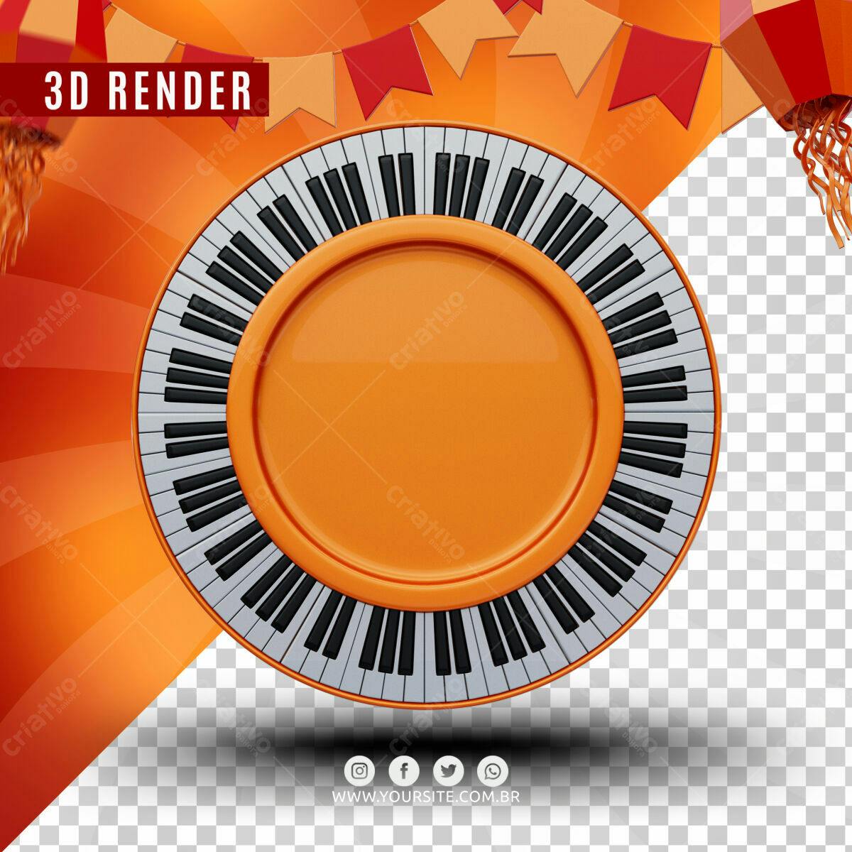 Selo 3D musical laranja e branco circular