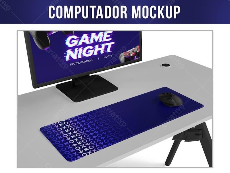 Computador mouse pad e mesa mockup