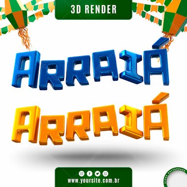 Arraia texto 3d azul e amarelo para composicao psd