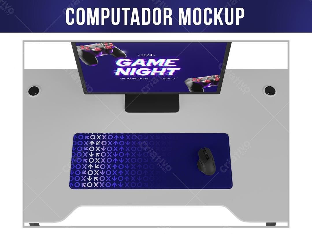 Mockup de Setup Gamer com Notebook e Mousepad Azul Escuro