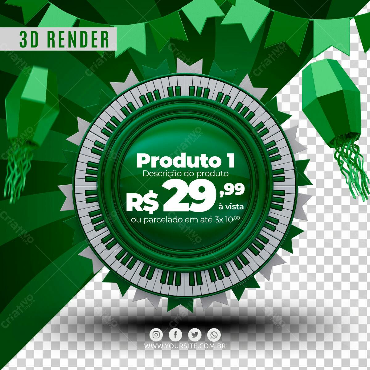Selo 3D promocional verde e branco estilo piano