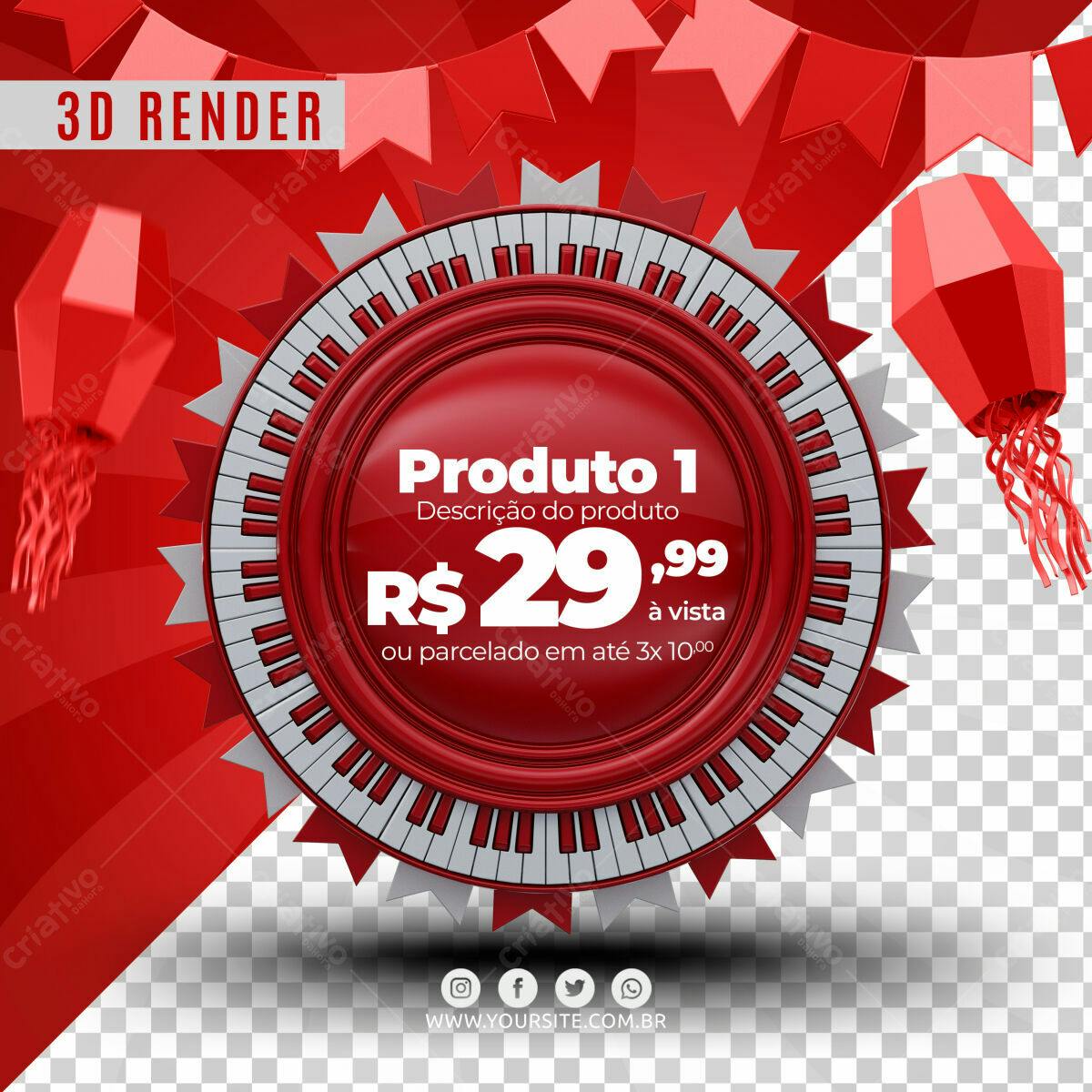 Selo 3D promocional vermelho e branco estilo teclado