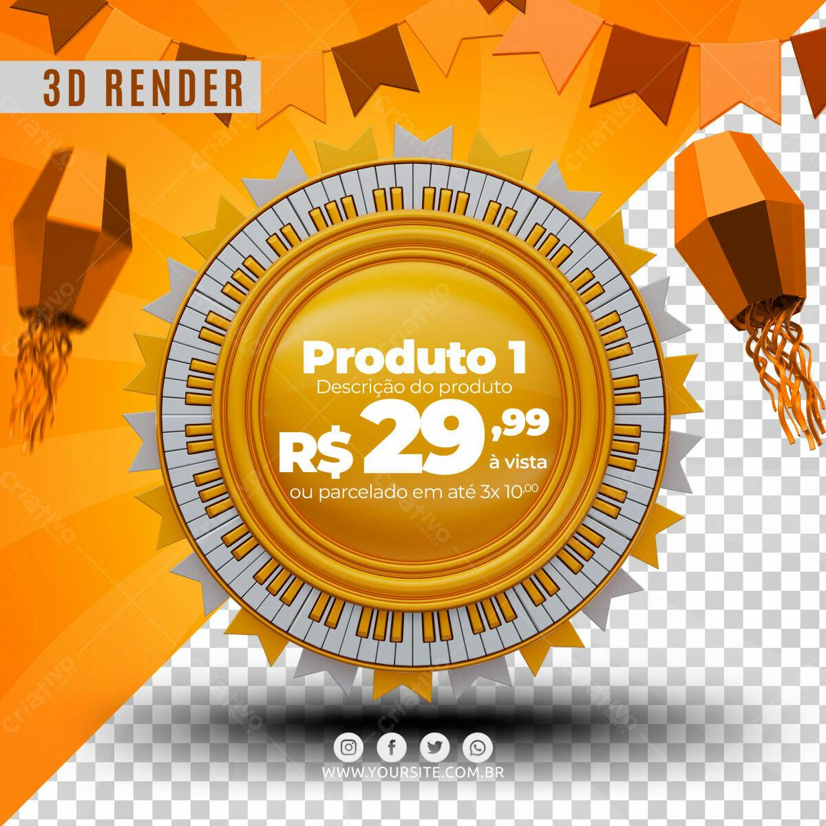 Selo 3D promocional dourado e branco