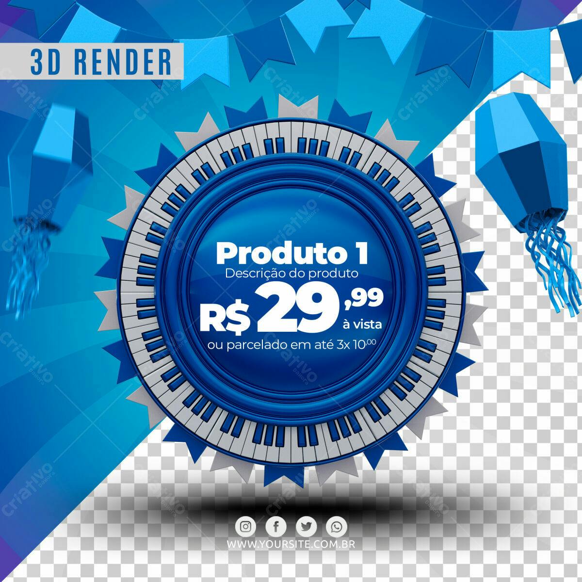 Selo 3D promocional azul e branco com teclado