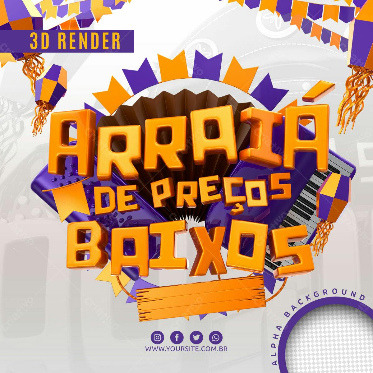 Selo 3D promocional laranja e roxo Festa Junina