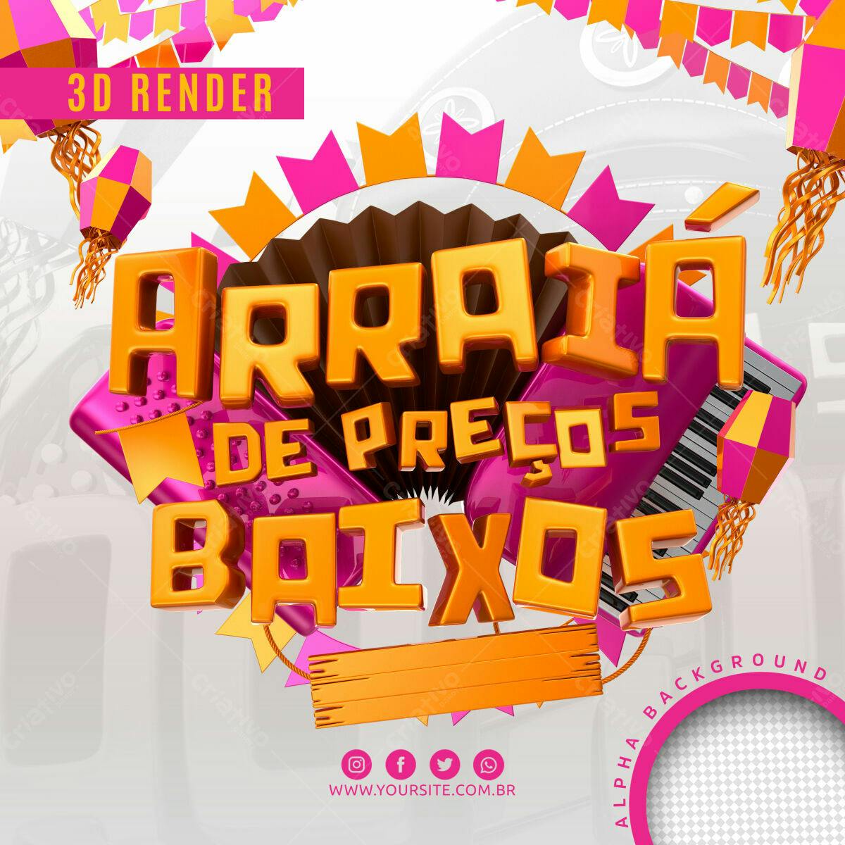 Selo 3D promocional laranja e rosa