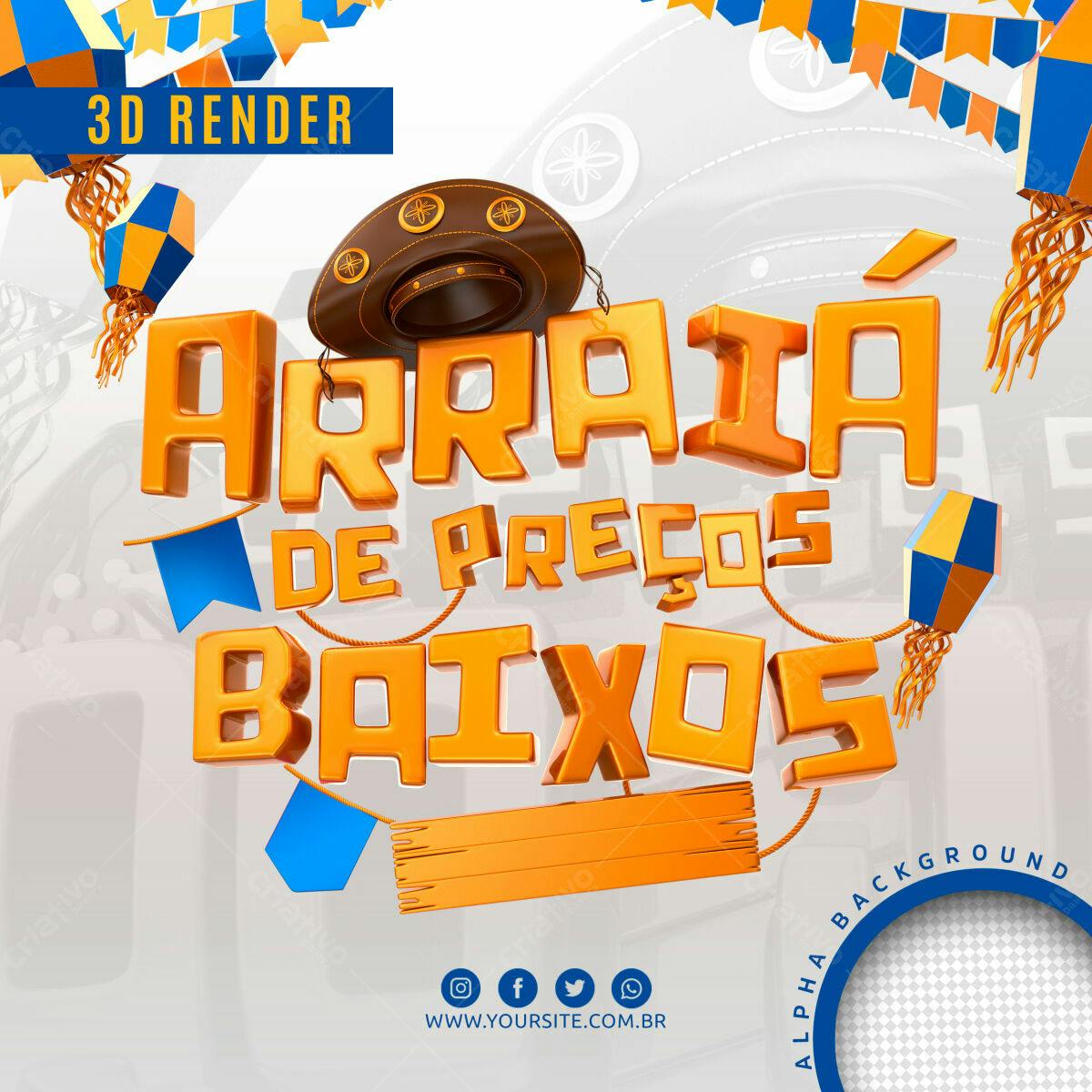 Selo 3D promocional evento Festa Junina laranja e azul