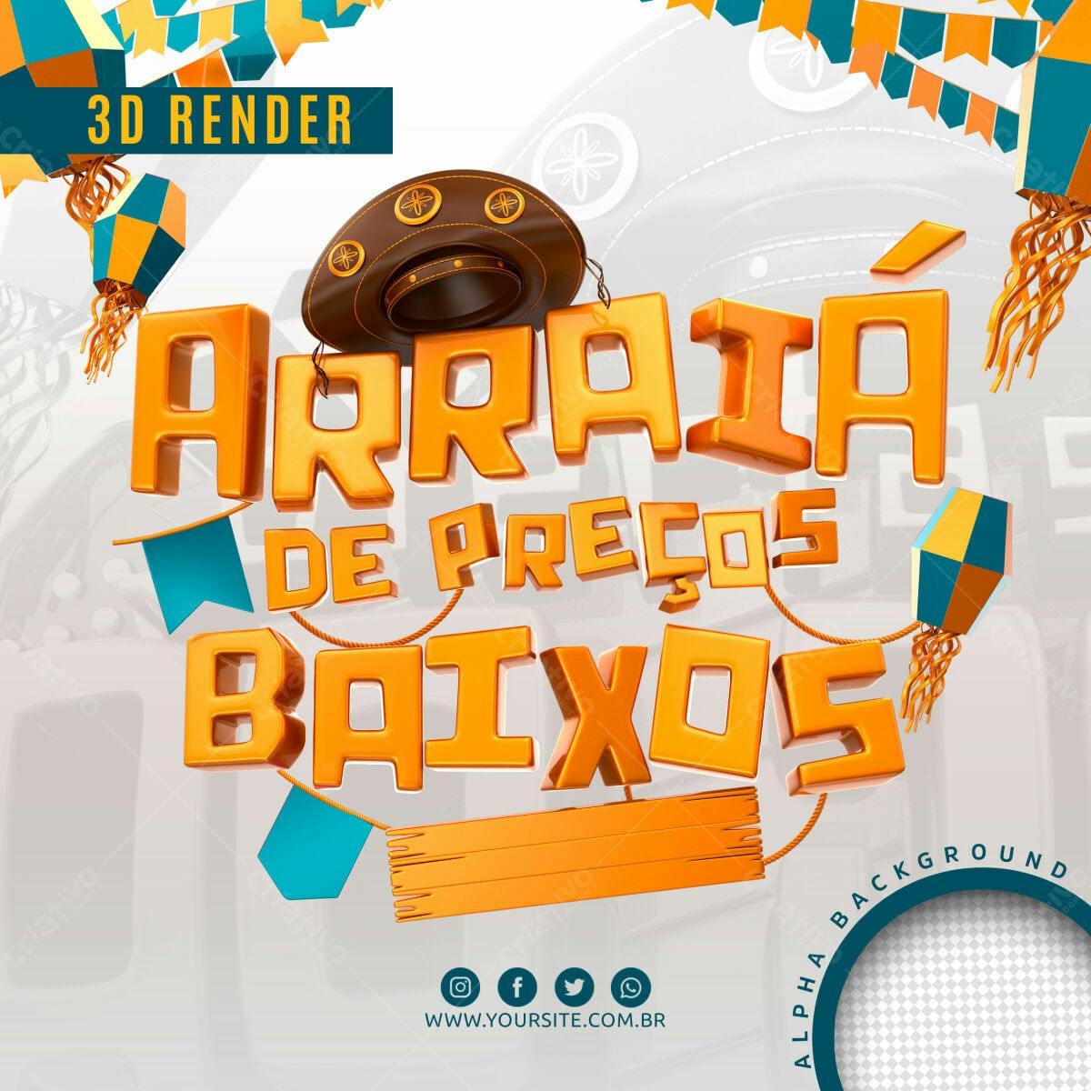 Selo 3D promocional laranja e azul Festa Junina