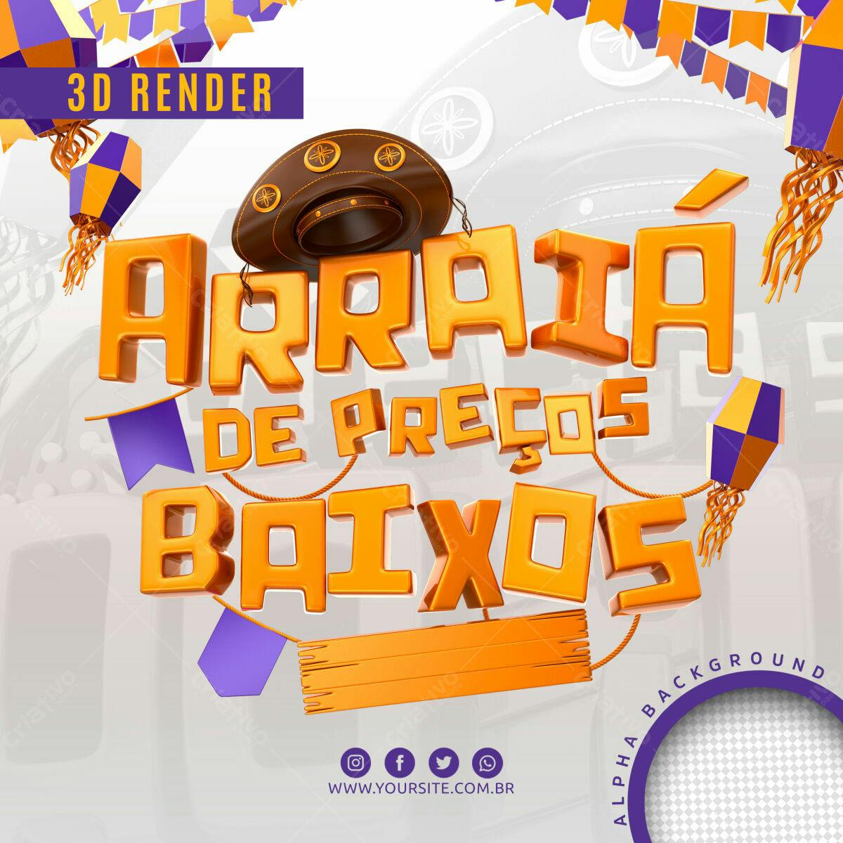 Selo 3D promocional festa junina laranja e roxo