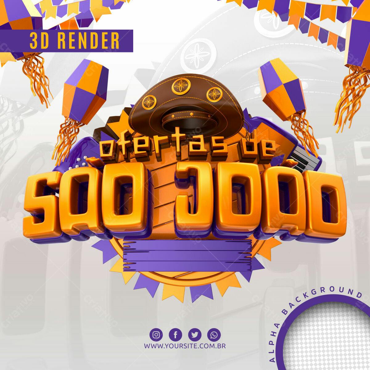 Selo 3D promocional laranja e roxo festivo