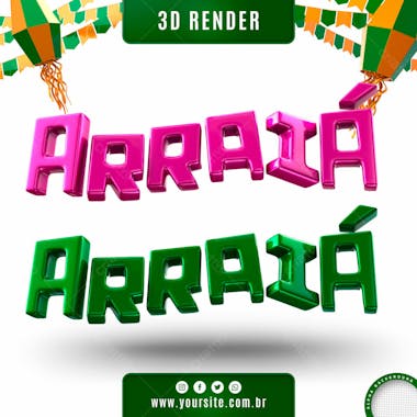 Arraia texto 3d rosa e verde para composicao psd