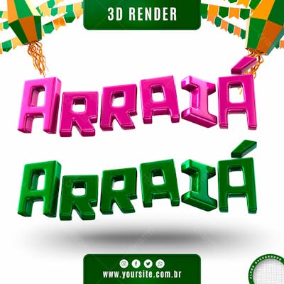 Arraia Texto 3D Rosa E Verde Para Composicao Psd