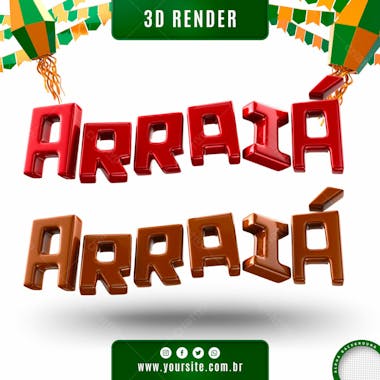 Arraia texto 3d vermelho e marom para composicao psd