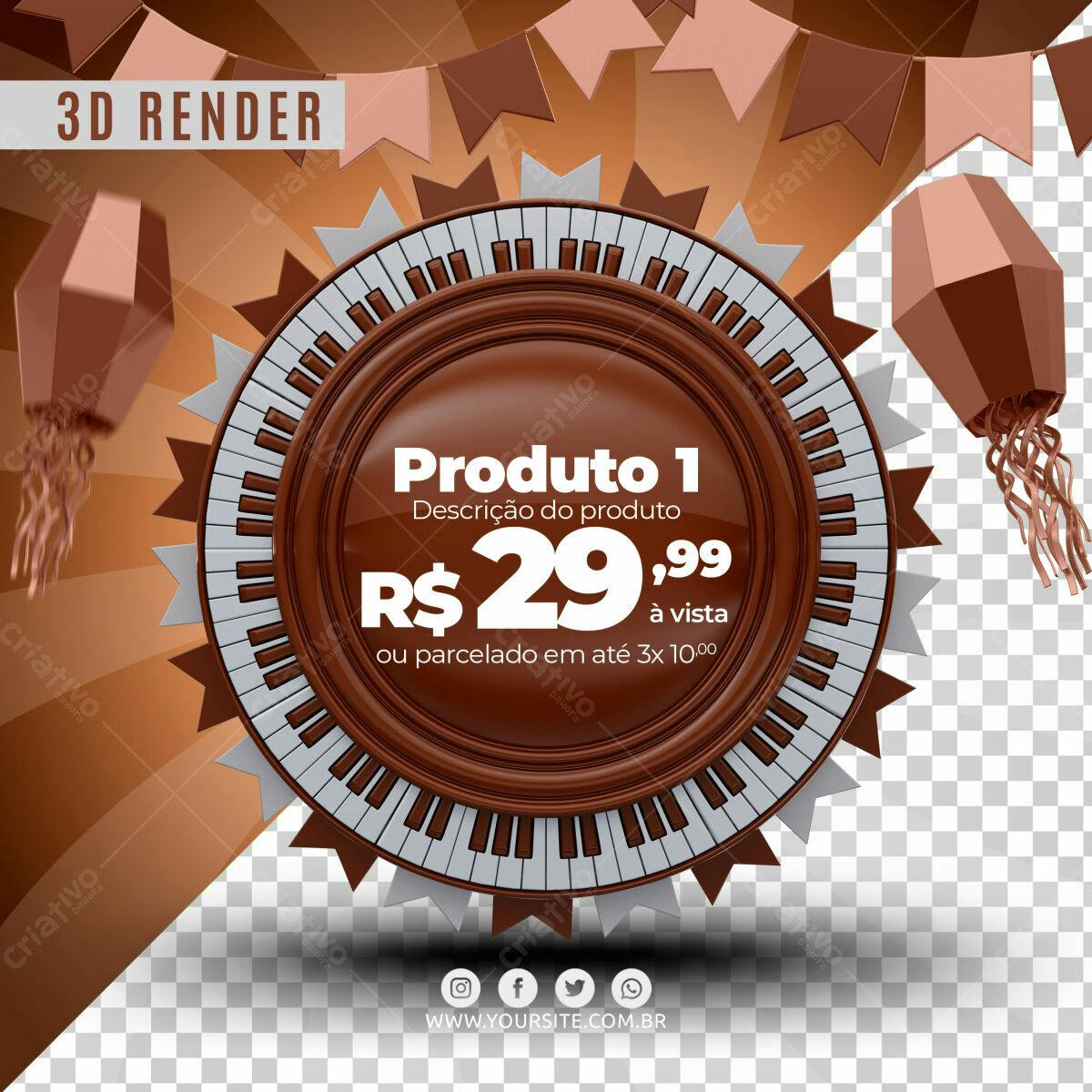 Selo 3D promocional marrom e branco estilo piano