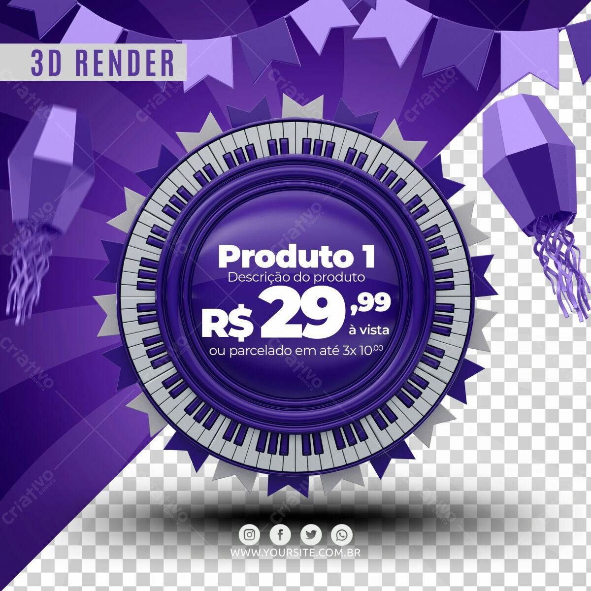Selo 3D promocional roxa e prata com teclado
