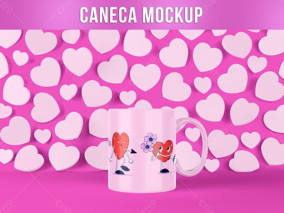 Mockup Caneca Romântica: Desenhos de Corações Rosa e Lilás