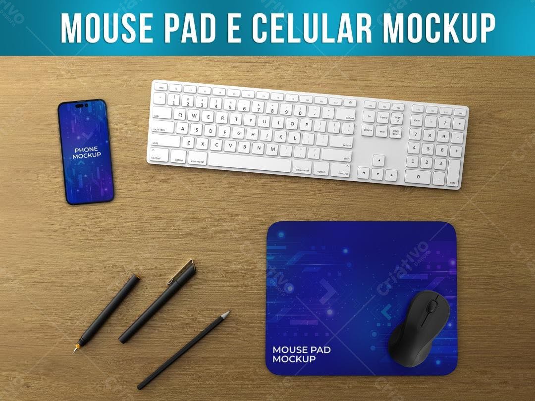 Mockup Realista: Celular, Mousepad e Notebook em Mesa de Madeira