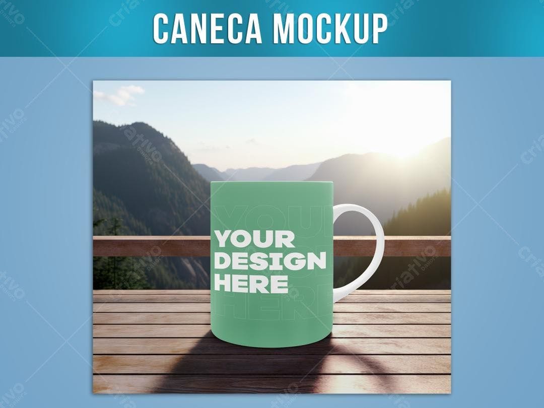 Mockup Caneca Verde em Paisagem Montanhosa