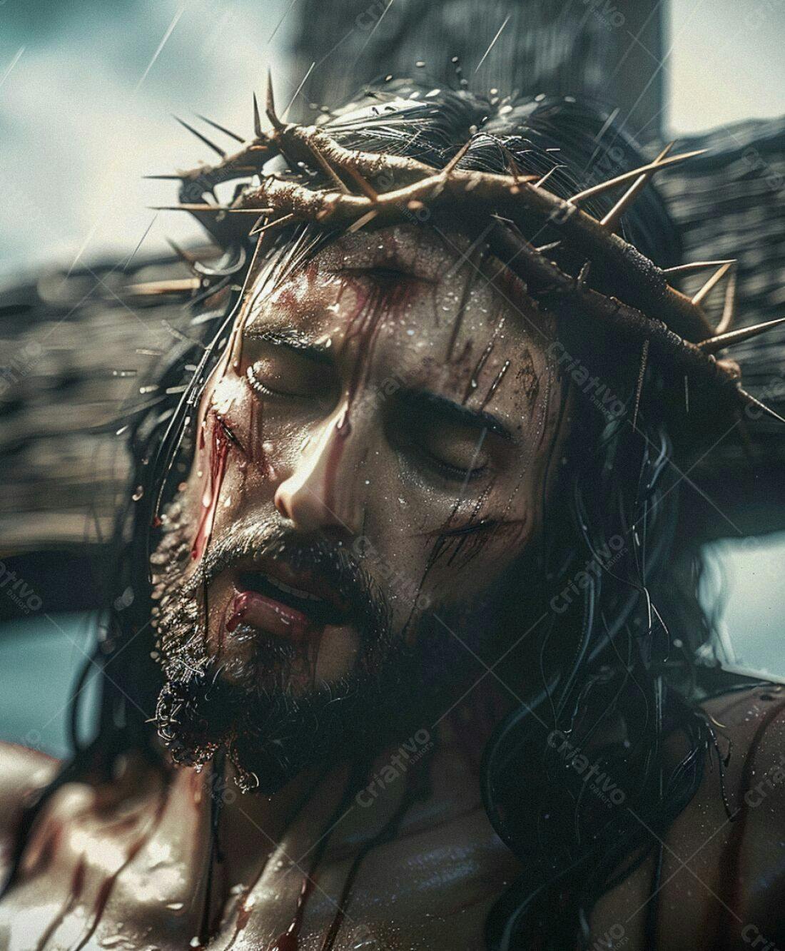 Jesus Cristo na Cruz sofrendo sob chuva