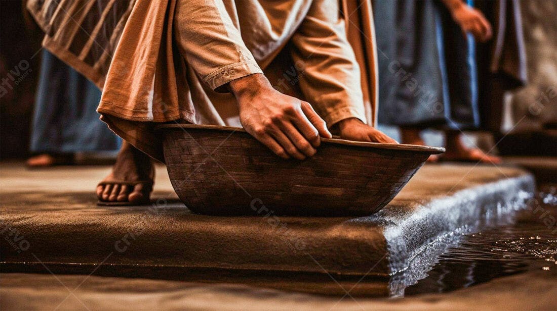 Jesus lavando os pés com bacia de madeira
