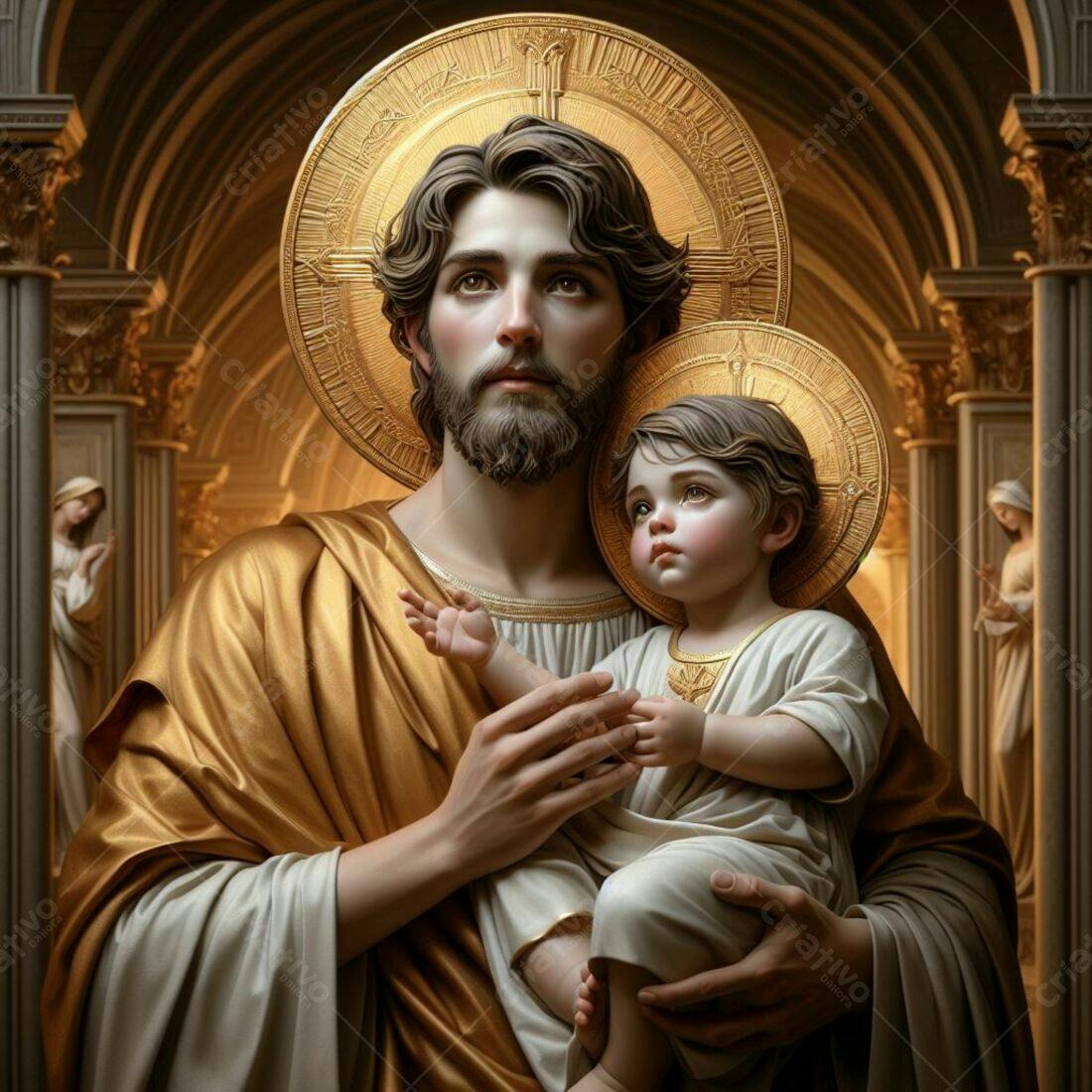São José e o Menino Jesus em tons dourados